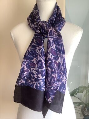 Blue and Purple Floral Rectangular Women's Scarf with Black Edges